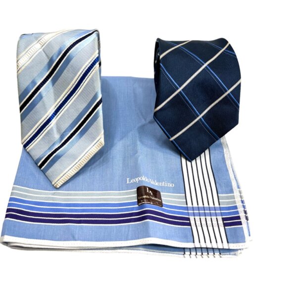 Set: 2 Valentino F Neckties Blue Striped +1 Valentino L Blue Handkerchief (60) - Picture 1 of 11